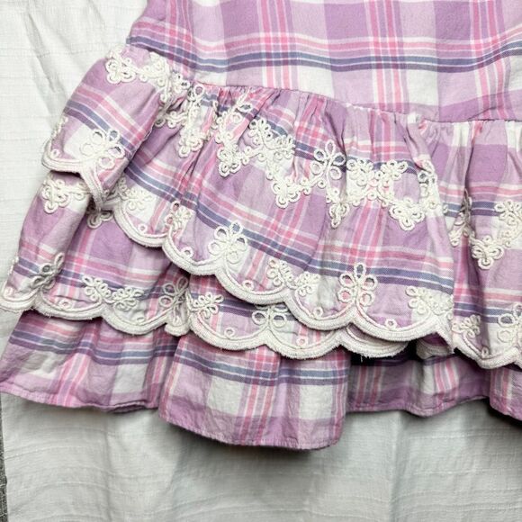 LoveShackFancy purple plaid embroidered tiered ruffle asymmetric skirt size 4 - Picture 3 of 11